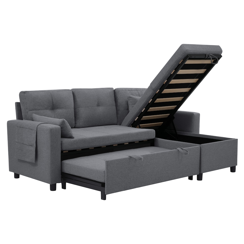 image 1 of FENCHILIN Sofa Bed with Pull-Out Sleeper Reversible Chaise Drop-Down Cup Holder Side Pockets Grey