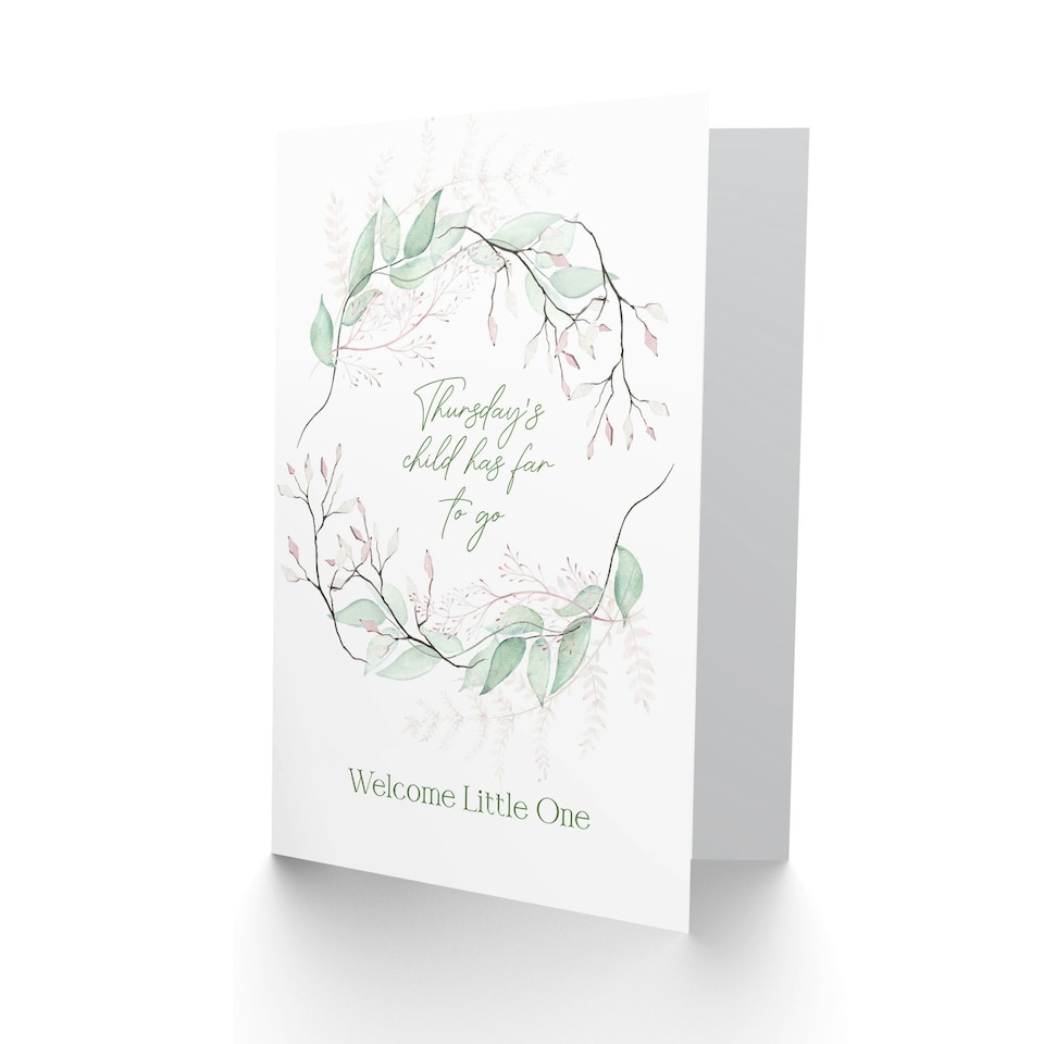 image 1 of Thursday's Child Has Far To Go Floral Wreath New Baby Card