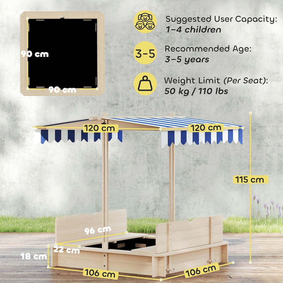 image 1 of Outsunny Kids Square Wooden Sandpit, Children Sandbox Outdoor Playset