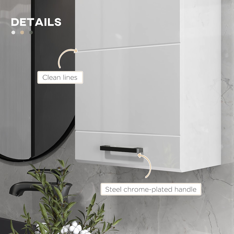 image 1 of kleankin Bathroom Wall Cabinet, High Gloss Soft-Close Storage Cabinet, White
