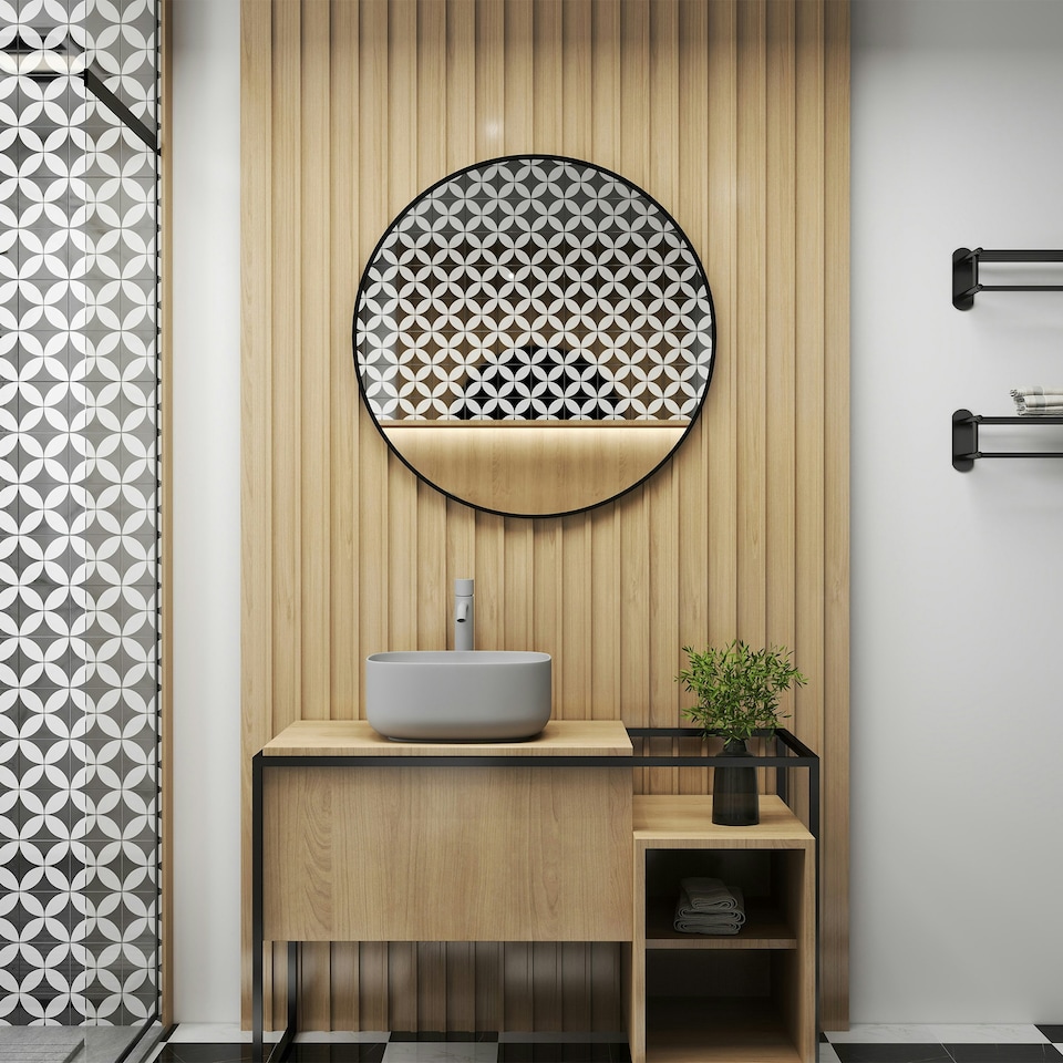 image 1 of HOMCOM Round Bathroom Mirror, Modern Wall Mirror with Steel Frame, Black