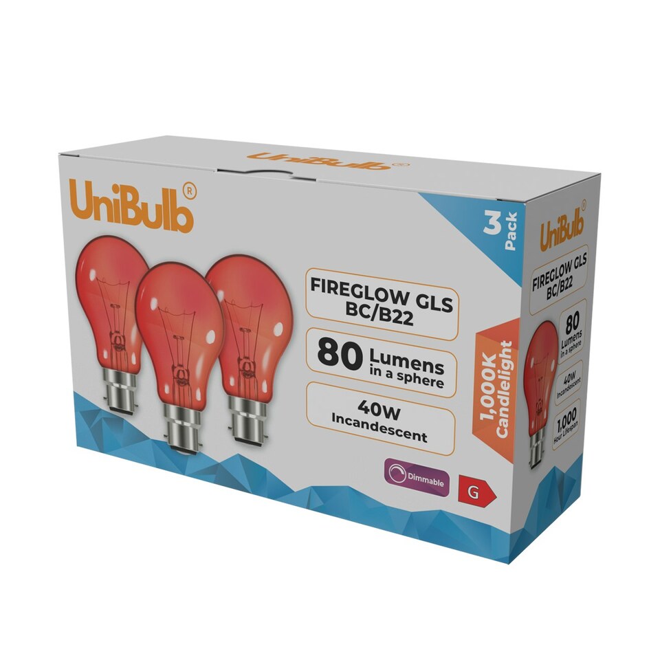 image 1 of UniBulb B22 GLS 40W 1950k Fireglow Red Light Bulb  - Pack of 3