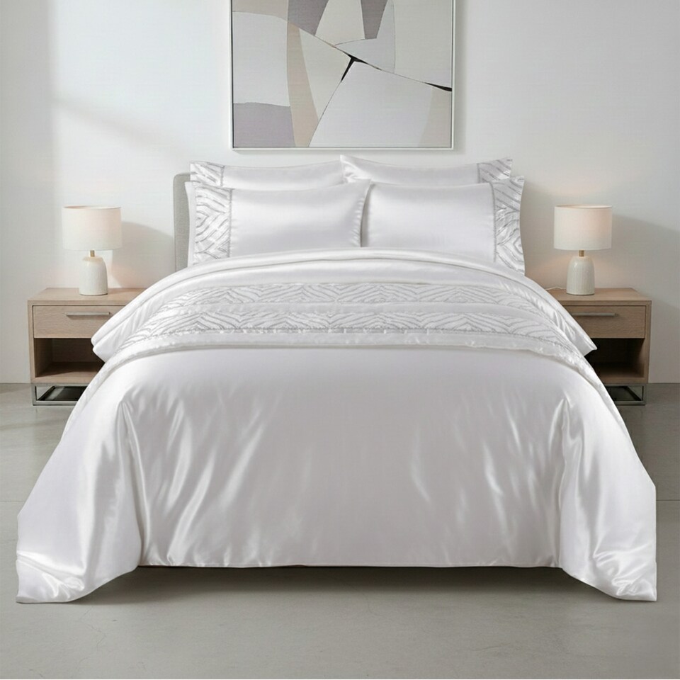 image 1 of Shimmer Duvet Cover Set Luxury Bedding with Elegant Metallic Finish | White | Double