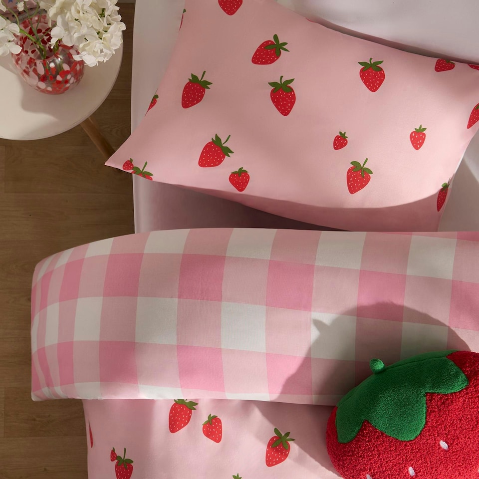 image 1 of OHS Strawberry Print Gingham Reverse Soft Duvet Cover Bedding Set, Pink - Single | Pink | Single