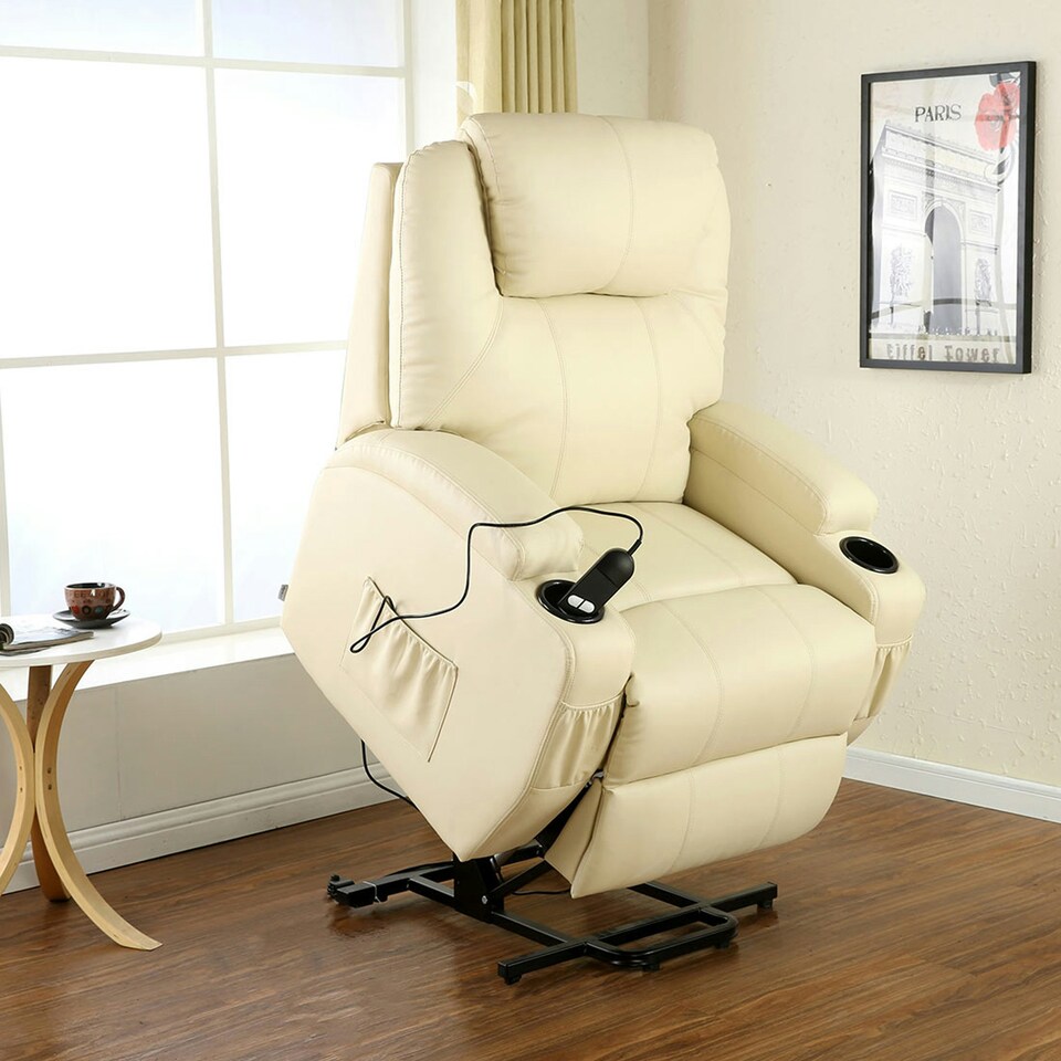 image 1 of Cinemo Single Motor Rise Recliner Bonded Leather Heat & Massage Chair (Cream)