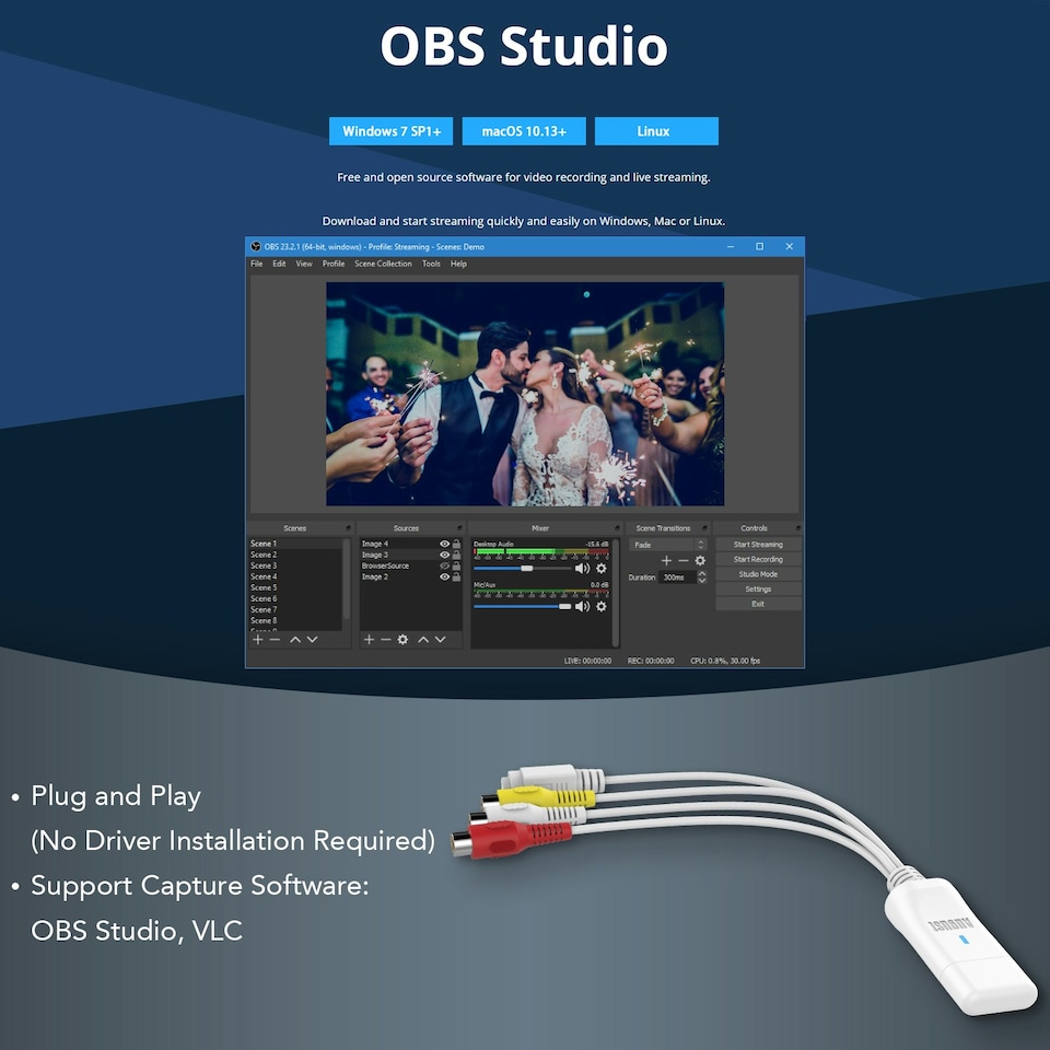 image 1 of USB Video Capture Card Adapter - Convert VHS Analog Video to Digital - For Windows & Mac PC/Laptop- August VGB300