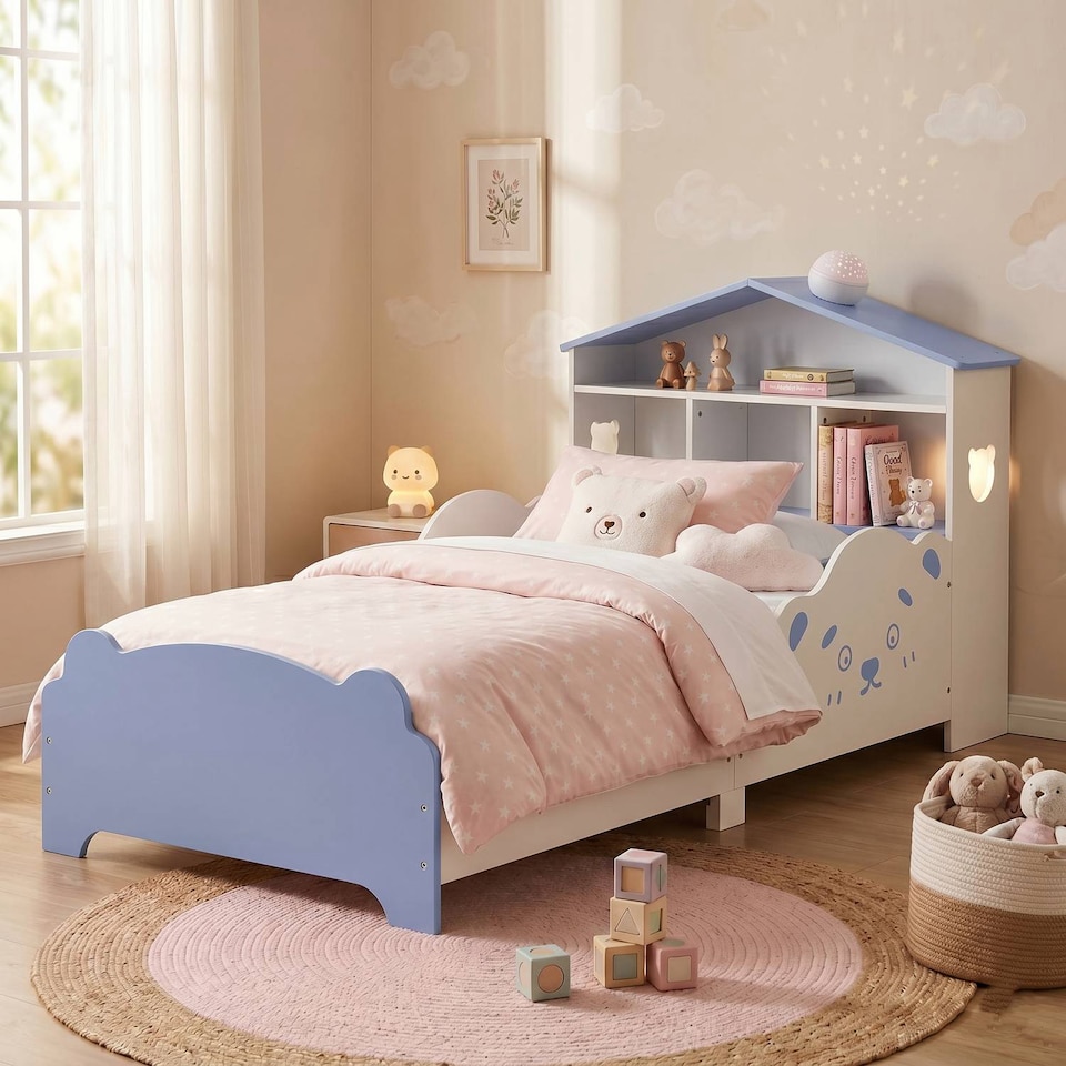 image 1 of TOTO Wooden Toddler Bed w/ Integrated Bookshelf Storage Junior Kids Frame - Blue
