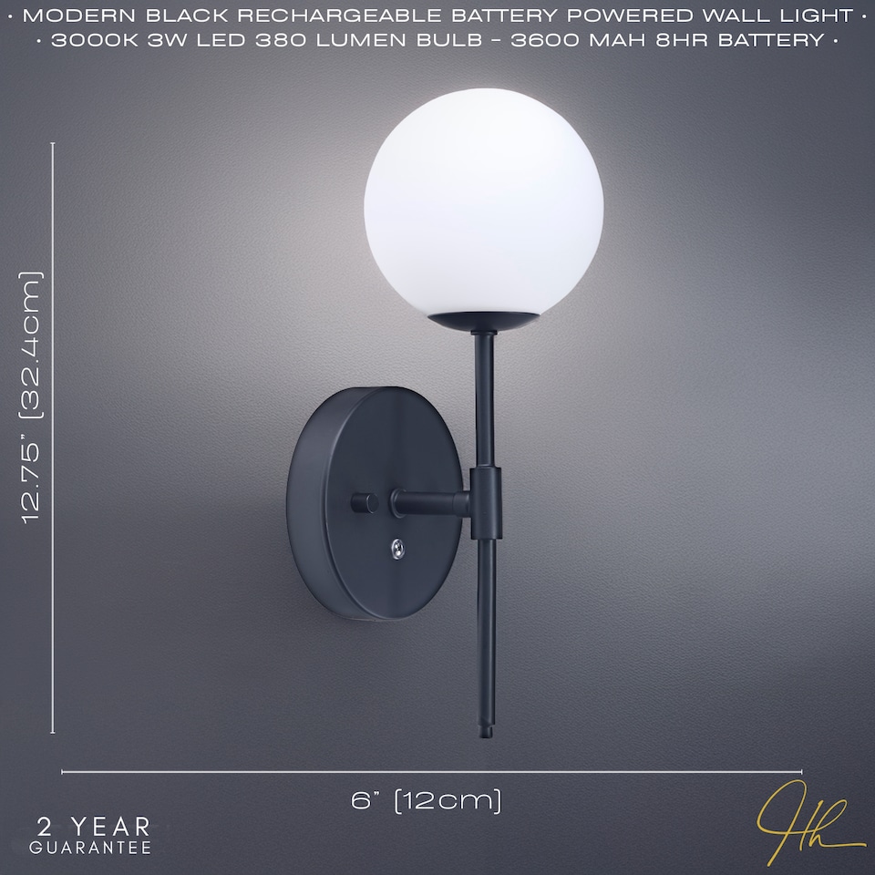 image 1 of Matt Black Wireless Rechargeable Touch Dimmable Wall Light with Opal White Shade | Black