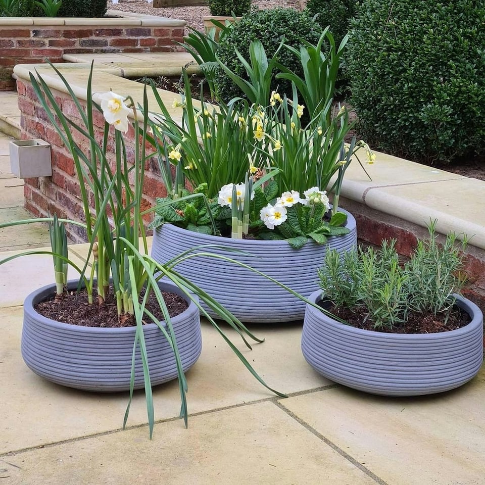 image 1 of Large Ribbed Stone Grey Light Concrete Bowl Garden Planter H12 D31 cm, 9 ltrs Cap.