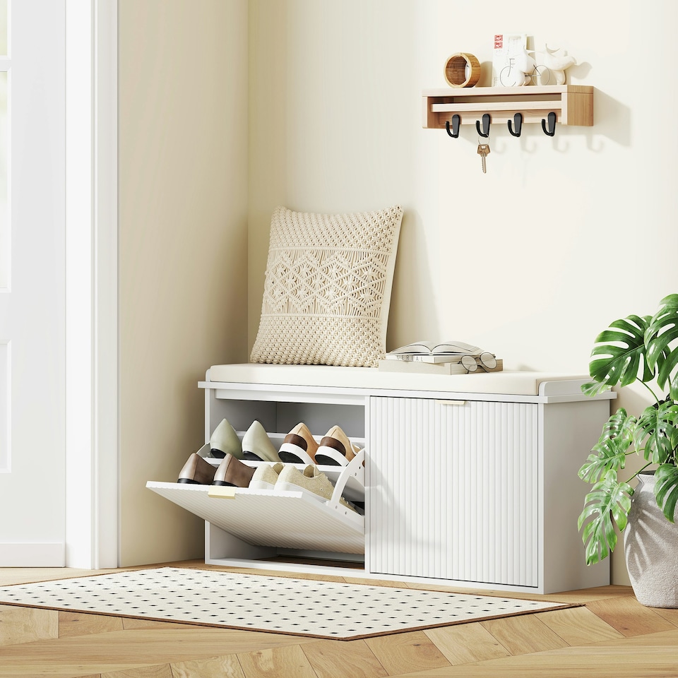 image 1 of HOMCOM Shoe Storage Bench with Cushion and Flip-Drawer 104x26x47.5cm White Green