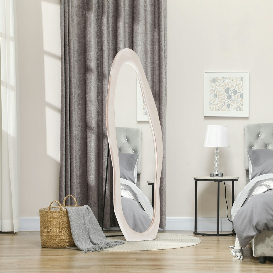 image 1 of HOMCOM Irregular Full Length Mirror with Velvet Frame 160 x 50cm Light Pink