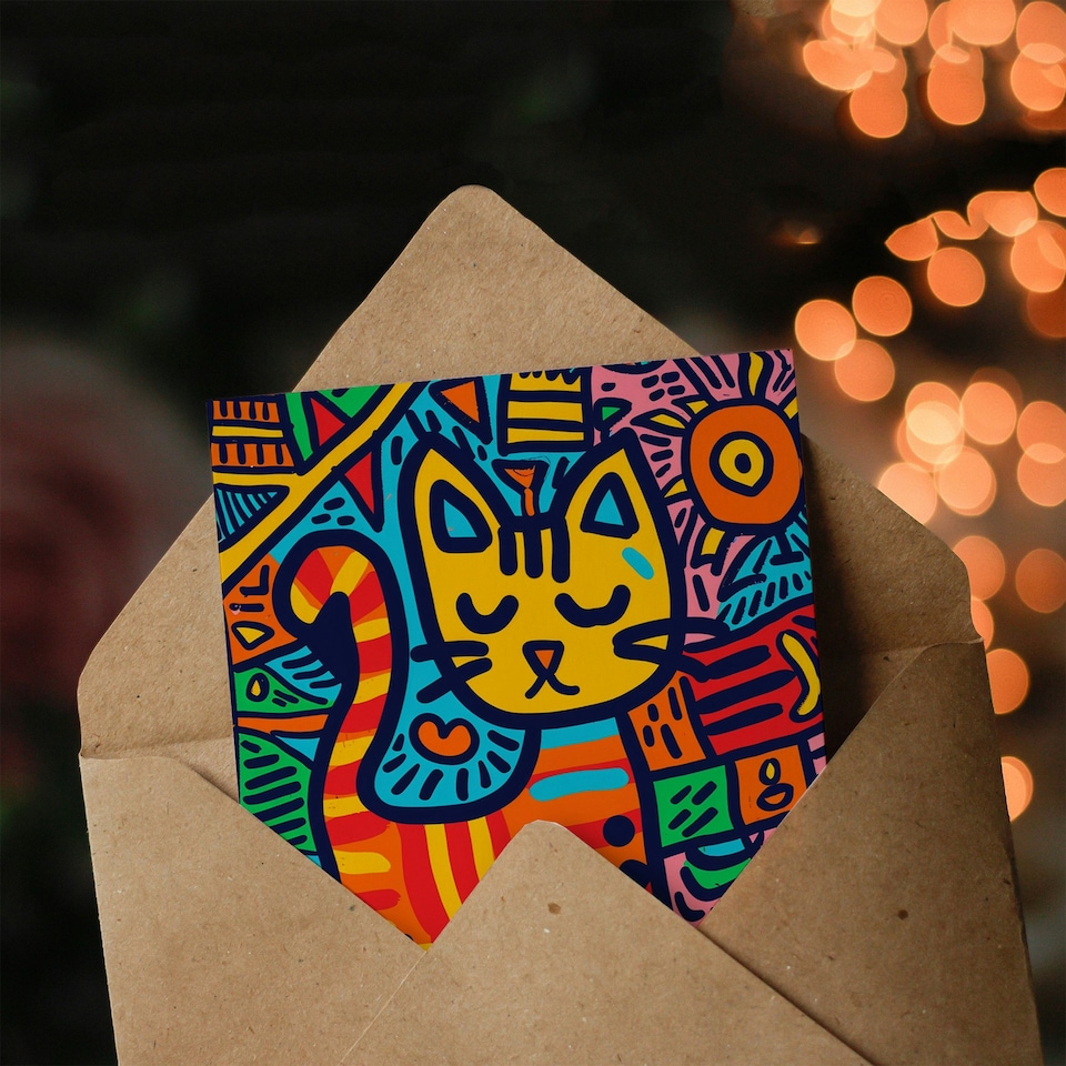 image 1 of Pet Cat Lover Colourful Folk Art Pattern Child Birthday Card
