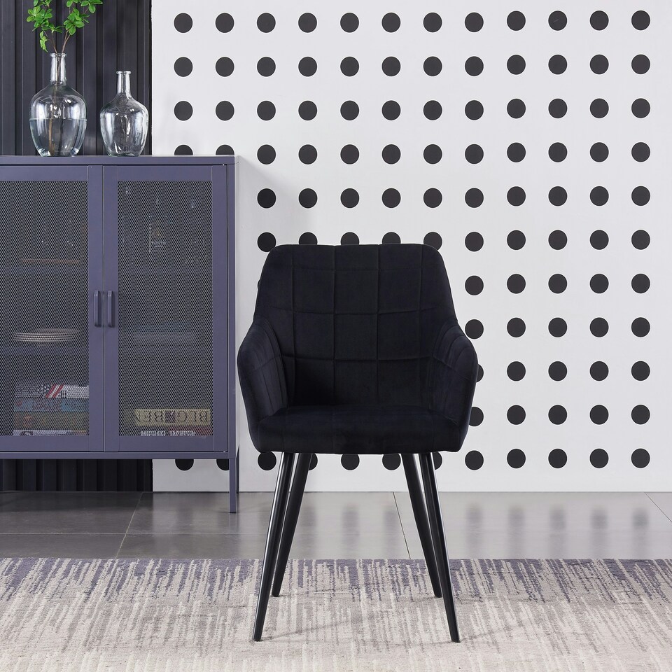 image 1 of Set of 2 Camden Modern Velvet Dining Chairs with Armrests, Quilted Design & Black Metal Legs Black