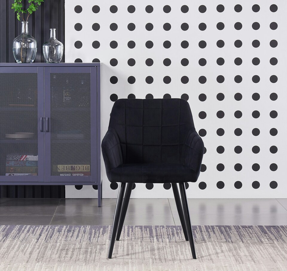 image 1 of Set of 2 Camden Modern Velvet Dining Chairs with Armrests, Quilted Design & Black Metal Legs | Black