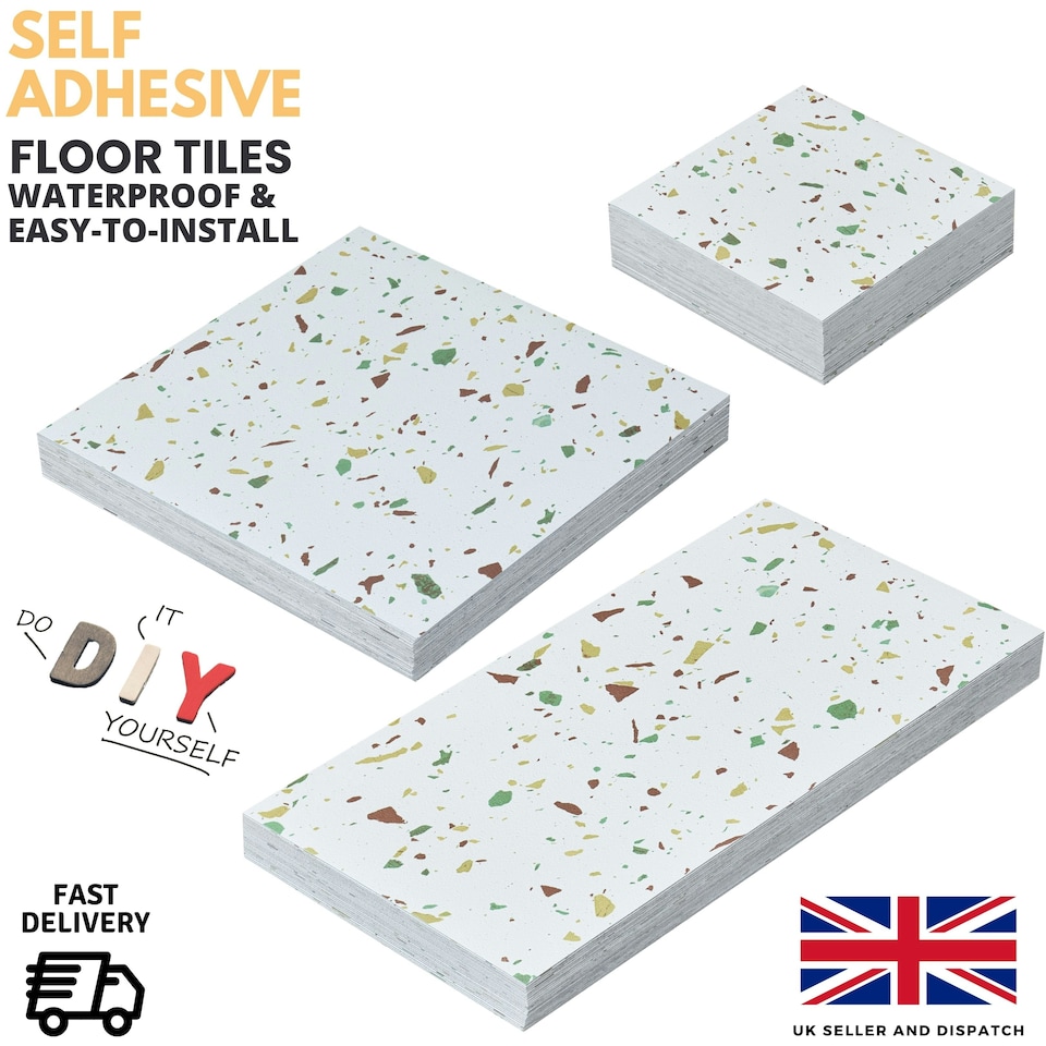 image 1 of NOVECRAFTO Vinyl Floor Tiles Self Adhesive – 12x12in Peel and Stick Flooring for Kitchen, Bathroom & Living Room – White Terrazzo Look with Flecks White | 4.65 sqm
