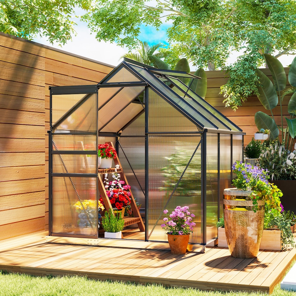 image 1 of Outsunny Polycarbonate Walk-in Garden Greenhouse w/ Sliding Door Grey | Grey | Grey, Clear | 1
