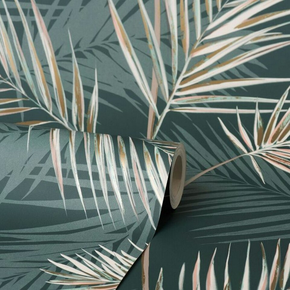 image 1 of Fine Decor South Beach Palm Leaf Wallpaper - Emerald Green - One Size Green