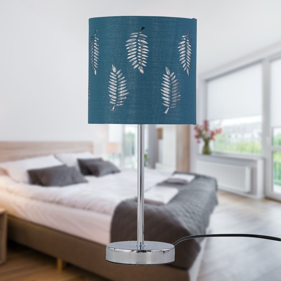 image 1 of Set of 2 Chrome Stick Table Lamps with Teal Fern Cut Out Shades | Chrome | Green | Medium | 2
