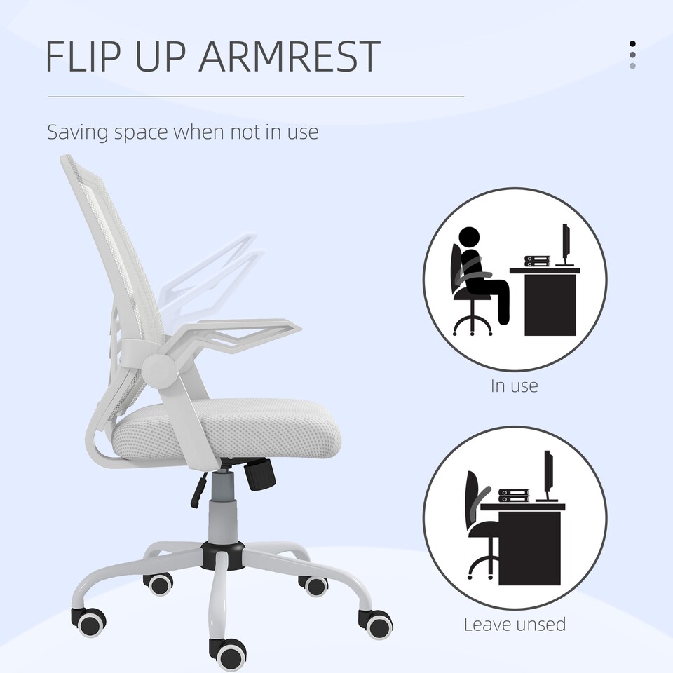 image 1 of Vinsetto Office Chair with Flip-up Armrest, Mid Back Desk Chair with Mesh Back, Lumbar Support, Adjustable Height, Swivel Wheels for Home, White