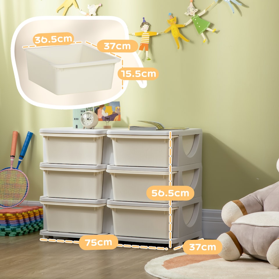 image 1 of HOMCOM Kids Storage Units with Drawers 3 Tier Chest Dresser Tower Cream