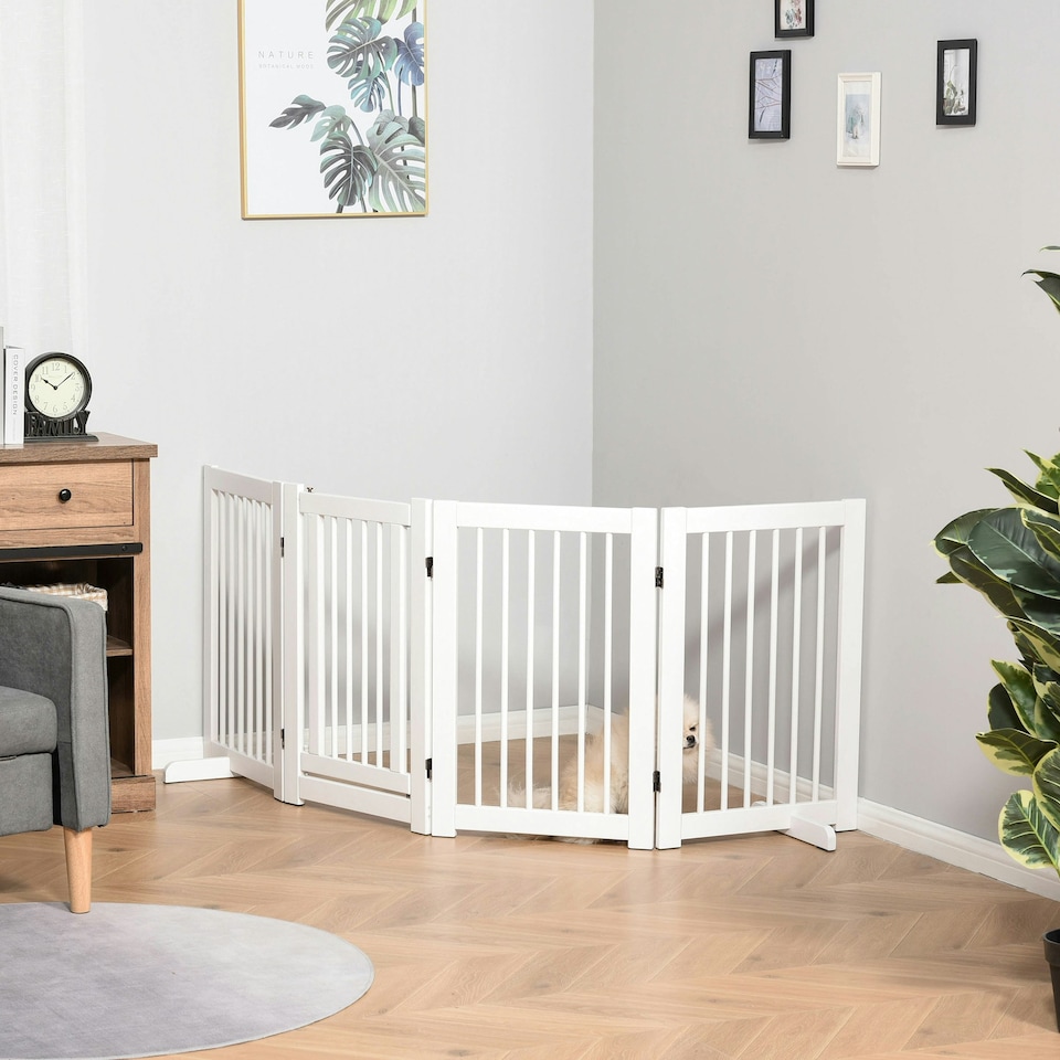 image 1 of PawHut Wooden Freestanding Pet Gate 4 Panels Foldable Dog Safety Fence White