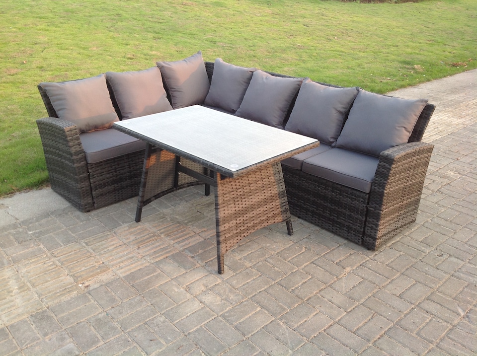image 1 of Fimous High Back Grey Mixed Outdoor garden furniture Rattan Corner Sofa Dining Set Table 6 Seater left corner