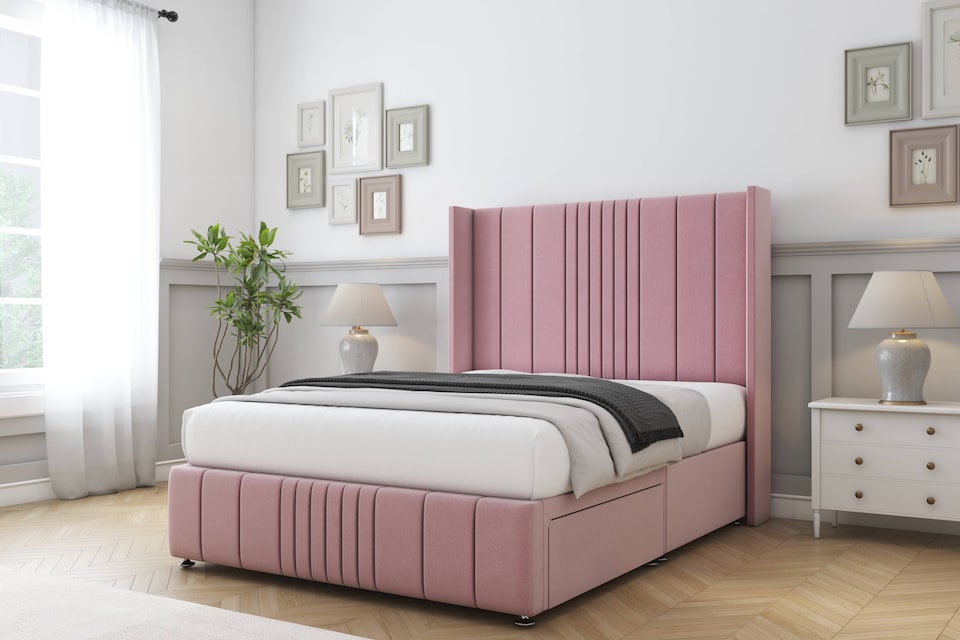 image 1 of Sloomy Hargrave Pink Plush Divan Bed Base No Drawers With 54 Inch Wingback Headboard & 12 Inch Matching Footboard | Pink | Pink | Double | 1