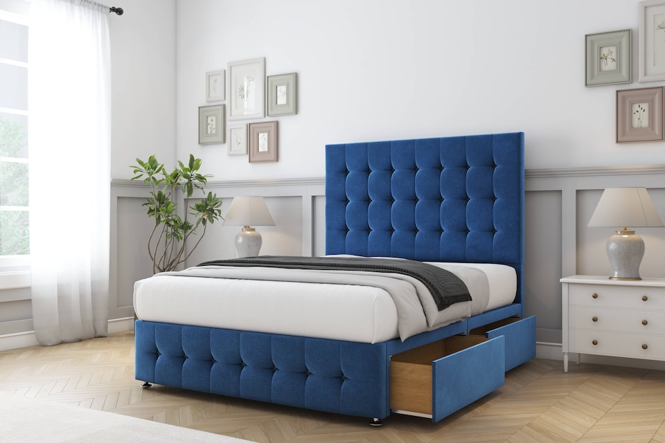 image 1 of Sloomy Berlin Navy Plush Divan Bed Base 2 Drawers Right Side With 26 Inch Strutted Headboard & 12 Inch Matching Footboard | Blue | Navy | Small Double | 1