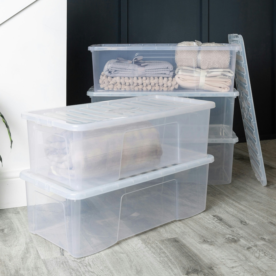 image 1 of Wham Crystal 4 x 62L Stackable Plastic Storage Boxes with Lids Clear Clear