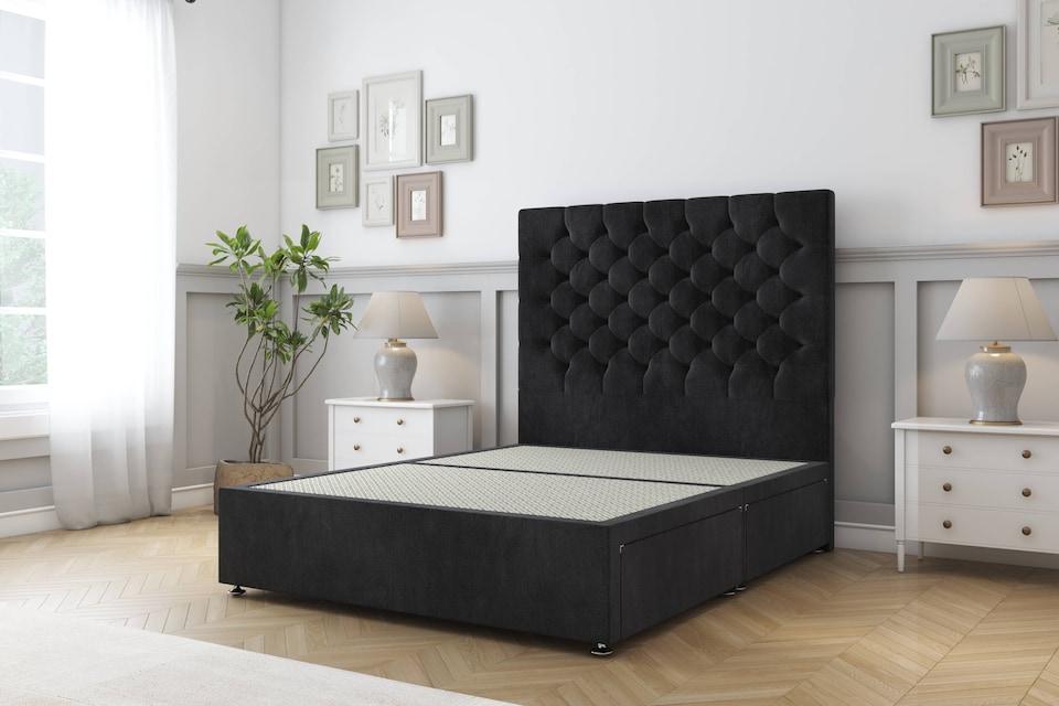 image 1 of Sloomy Mayfair Black Naples Divan Bed Base No Drawers With 54 Inch Floor Standing Headboard | Black | Black | Small Single | 1