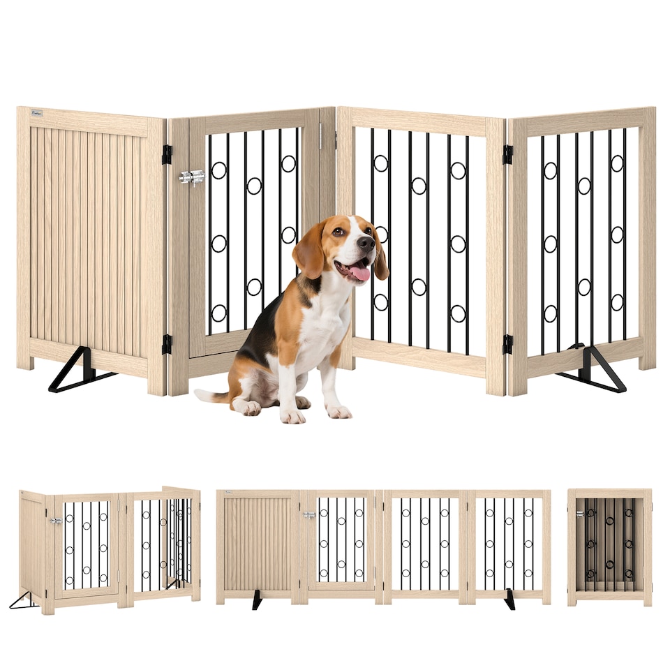 image 1 of PawHut Freestanding Pet Gate, Foldable Dog Gate with Lockable Door, Support Feet and 360 degree Flexible Hinges, 4 Panel Indoor Safety Dog Barrier for House, Stairs, Doorway, Oak