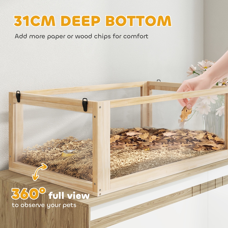 image 1 of PawHut Wooden Hamster Cage, 3 Tier Gerbil Cage with Detachable 31cm Deep Bottom, Hut, Seesaw, Exercise Wheel, Ramps, Natural Wood Finish