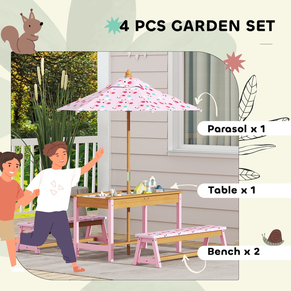 image 1 of AIYAPLAY Kids Picnic Table, Wooden Children Garden Table and Bench Set, Pink | Pink