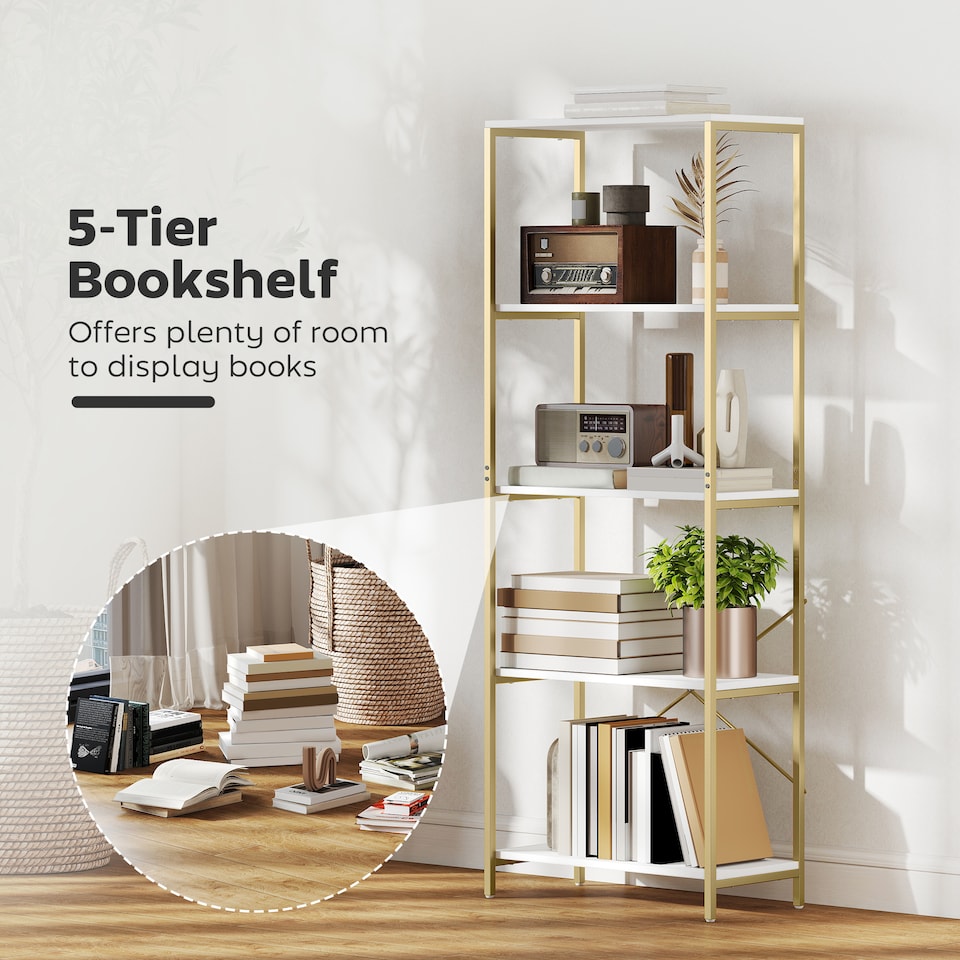 image 1 of HOMCOM 5-Tier Bookshelf, Modern Bookcase, Floor Standing Book Shelf with Metal Frame, Open Display Shelving Unit for Living Room, Home Office and Bedroom, White and Gold Tone | White | White and Gold Tone