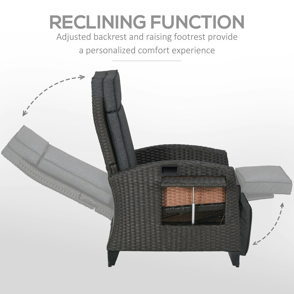 image 1 of Outsunny Garden Recliner w/ Cushion, Reclining Rattan Chair, Dark Grey/Brown