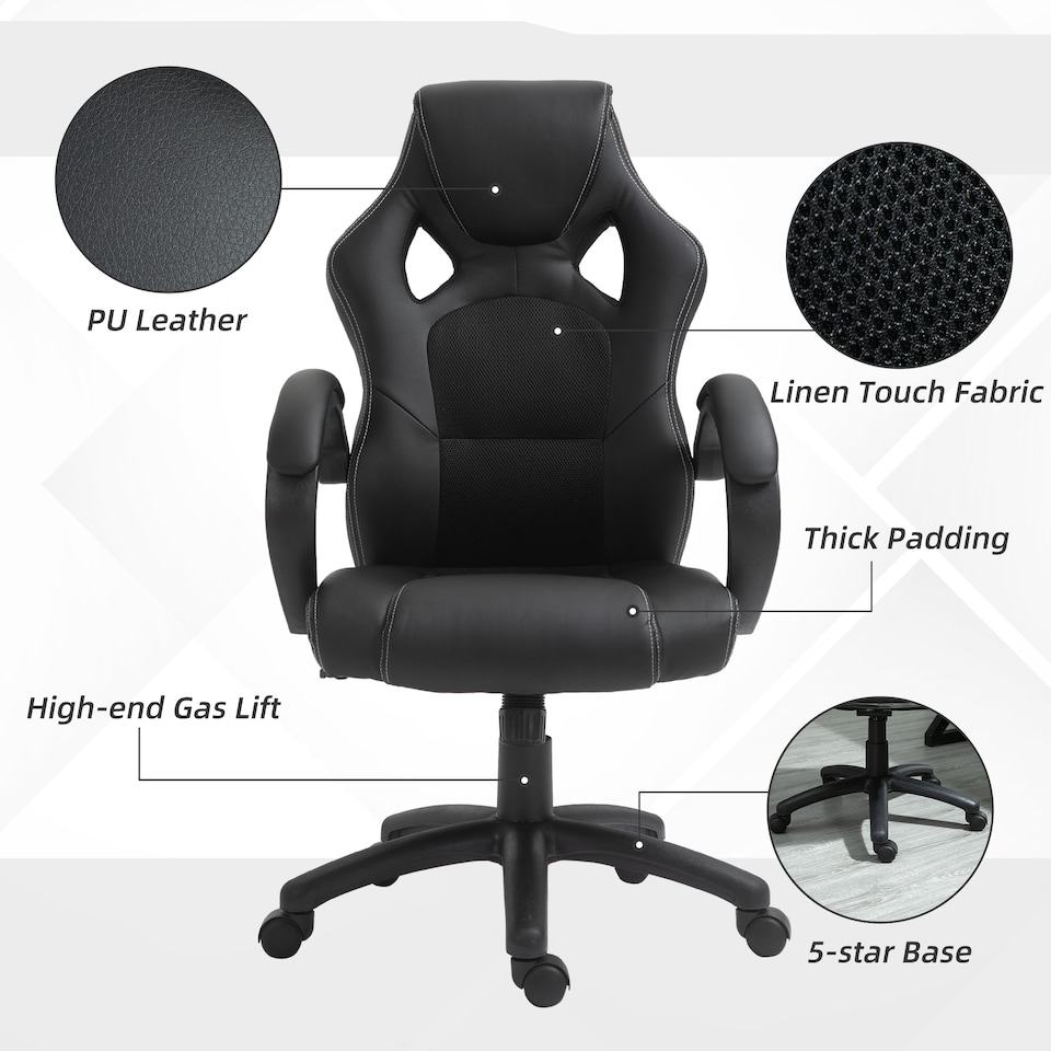 image 1 of Vinsetto Gaming Chair Faux Leather Swivel Computer Racing Gamer Desk Chair for Home Office with Wheels, Black