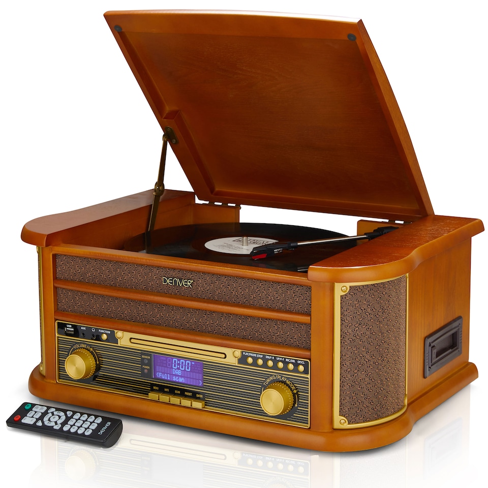 image 1 of Denver 9-in-1 Retro Vintage DAB Bluetooth Wooden Radio Record Player - MRD-51BT | Brown | Vintage Wood