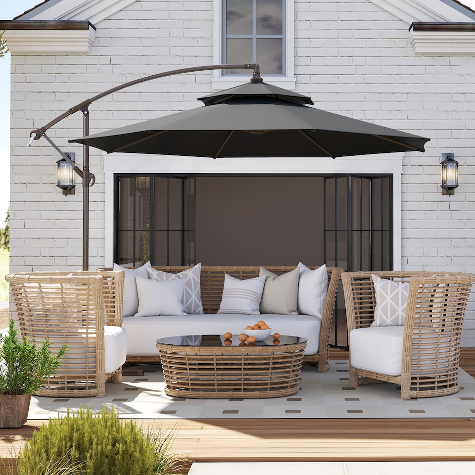 image 1 of Outsunny 2.7m Garden Banana Parasol Cantilever Umbrella with Crank Handle, Double Tier Canopy and Cross Base for Outdoor, Hanging Sun Shade, Black