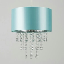 ValueLights Duck Egg Blue Cylinder Ceiling Pendant Light Shade with Clear Acrylic Jewel Effect Droplets - Complete with a 6w LED GLS Bulb 3000K Warm White