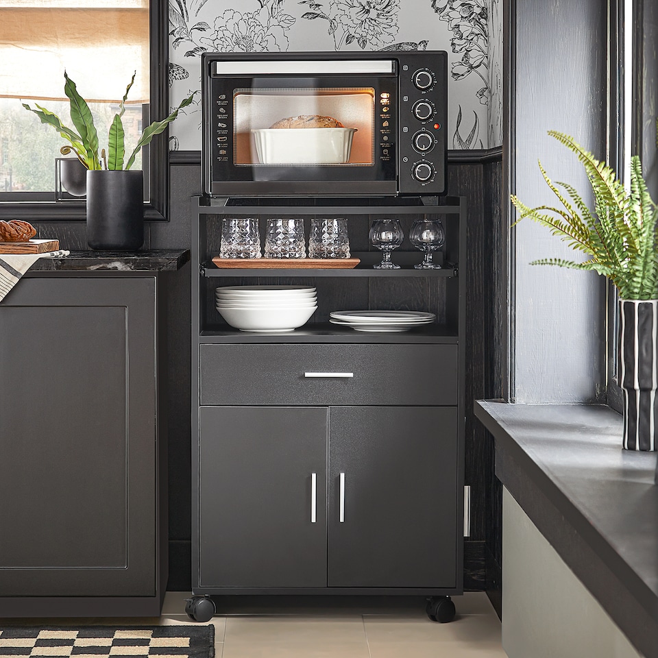 image 1 of SoBuy Kitchen Trolley with Extendable Worktop, Microwave Stand, 1 Drawer & 2 Doors, Black, 36.2x23.2x15.7 inches, 24.6 kg - FSB09-SCH