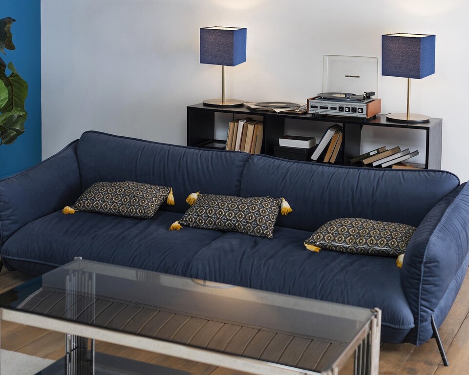 image 1 of Contemporary and Stylish Midnight Blue Linen Fabric Square 16cm Lamp Shade | Blue