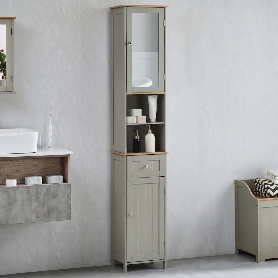 image 1 of Bath Vida Priano 2 Door Tall Bathroom Cabinet With Mirror, Grey & Oak