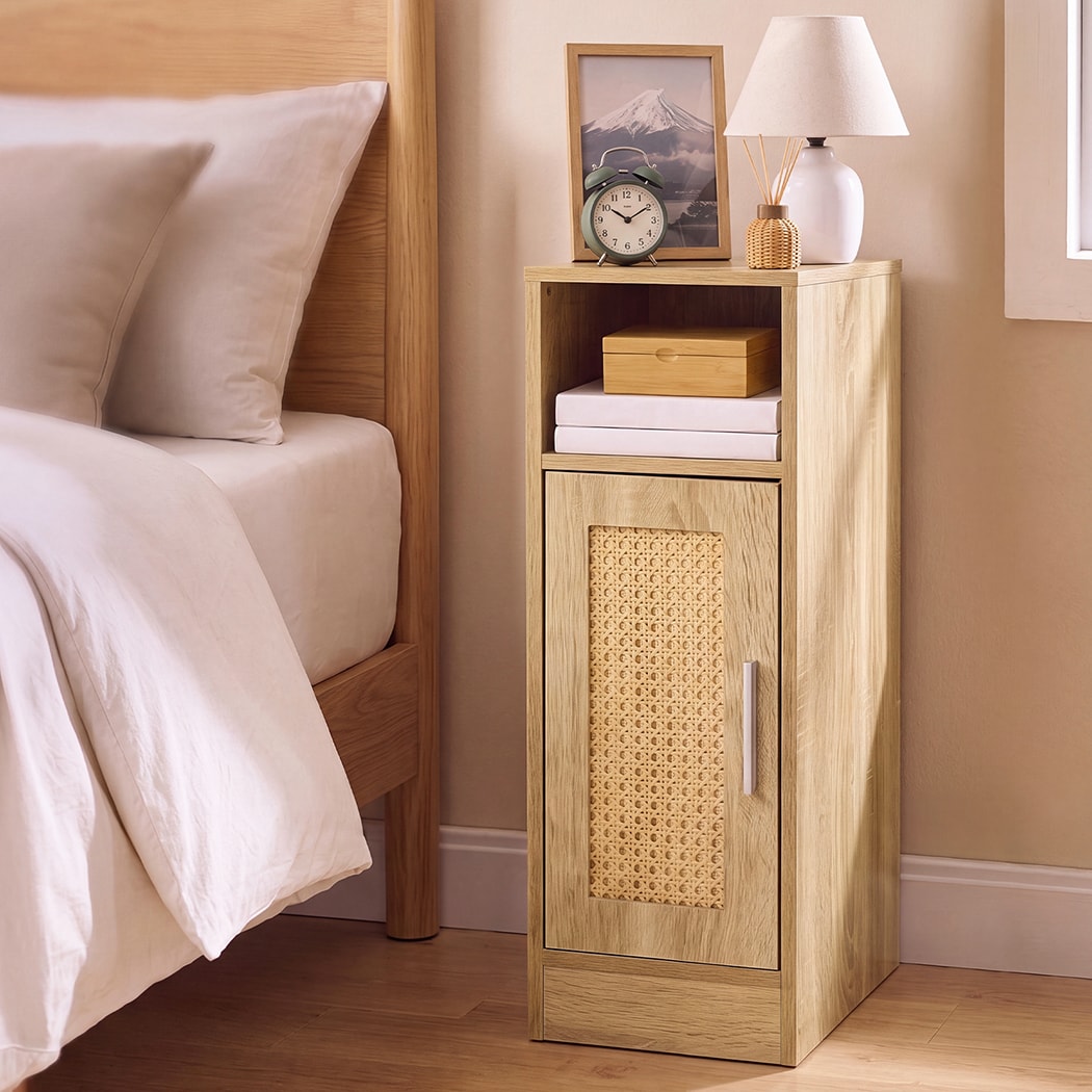 Levede Bedside Table 2 Pc Narrow Side Table Boho Rattan Storage For Bedroom Wood