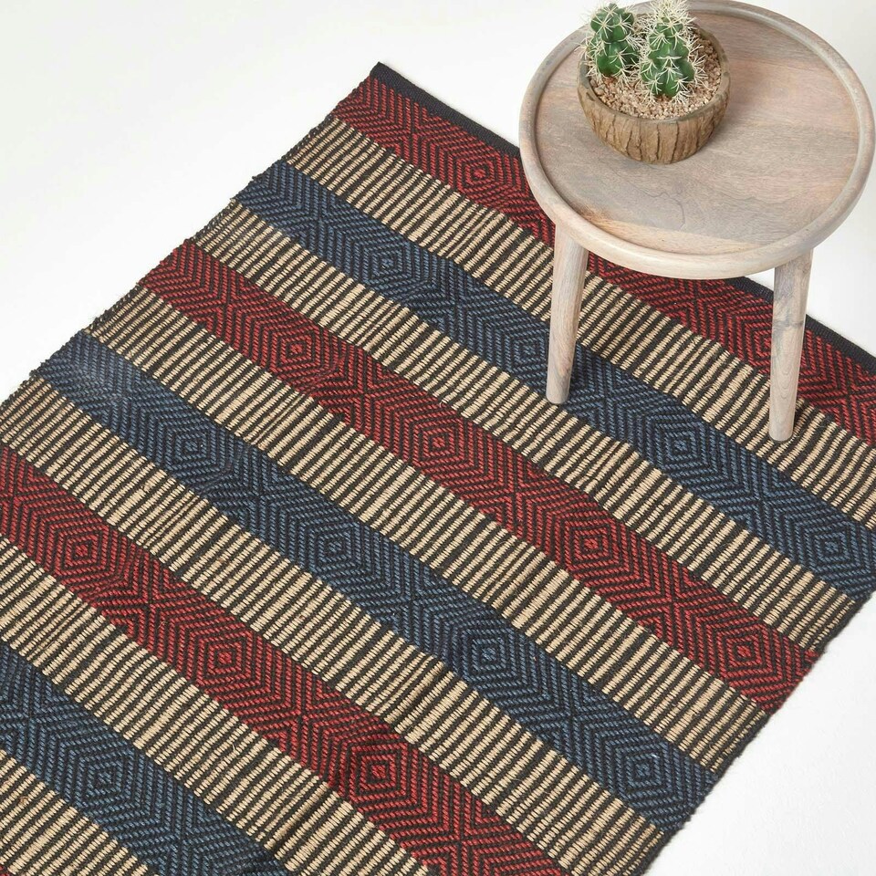 image 1 of Homescapes Multicolour Striped Jute Rug - 60 x 100 cm | Multi | Red & blue