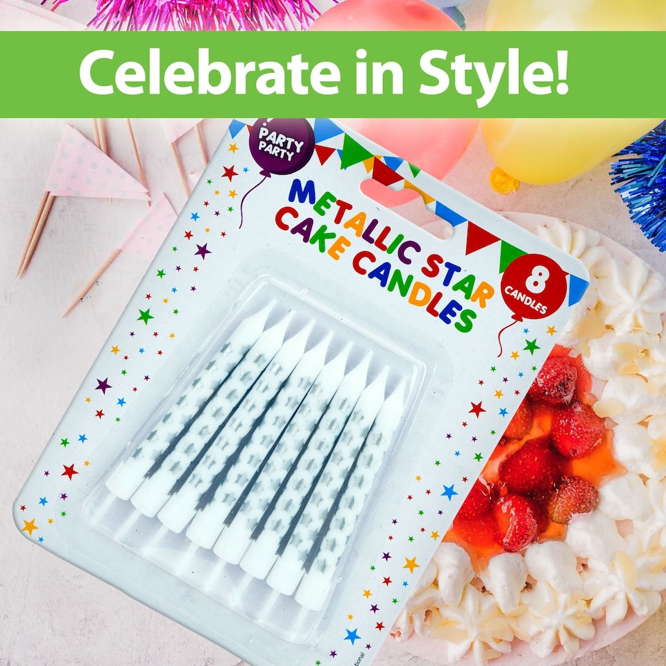 image 1 of PMS 8 Metallic Silver Birthday Cake Candles with Star Design