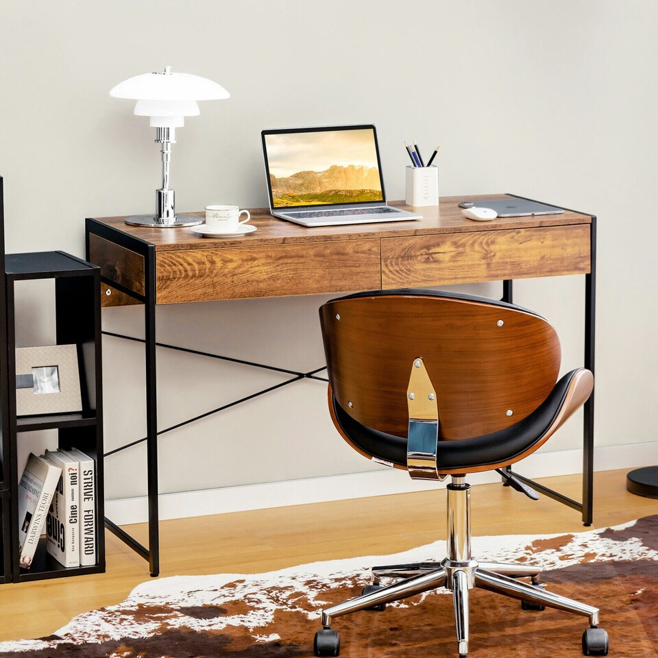 image 1 of COSTWAY Computer Desk Wooden Writing Workstation Coffee Brown