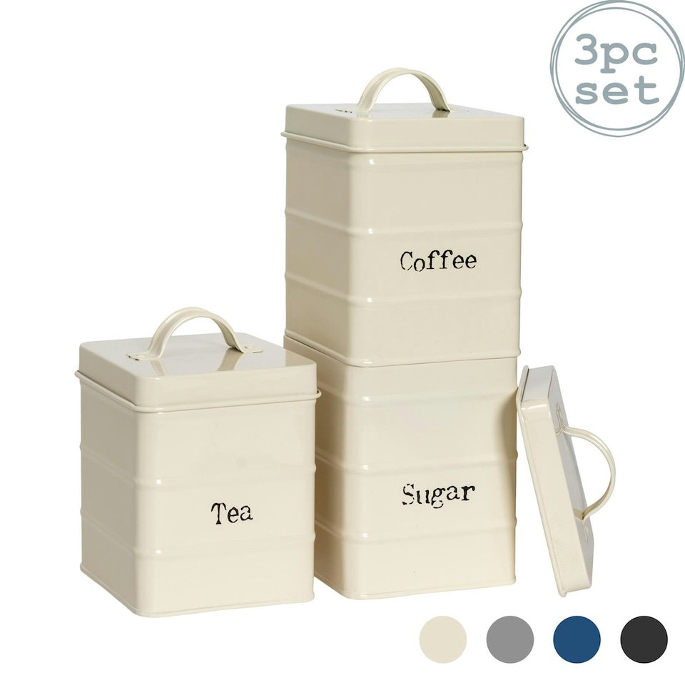 image 1 of Harbour Housewares Cream Vintage Metal Kitchen Tea Coffee Sugar Canisters Kitchen Caddy Kitchen Storage Containers Canister