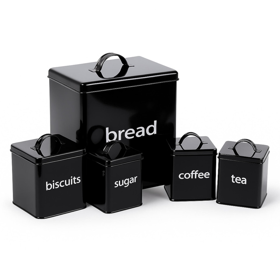 image 1 of 5pc Black Kitchen Canister Set Bread Biscuits Tea Sugar Coffee | Black