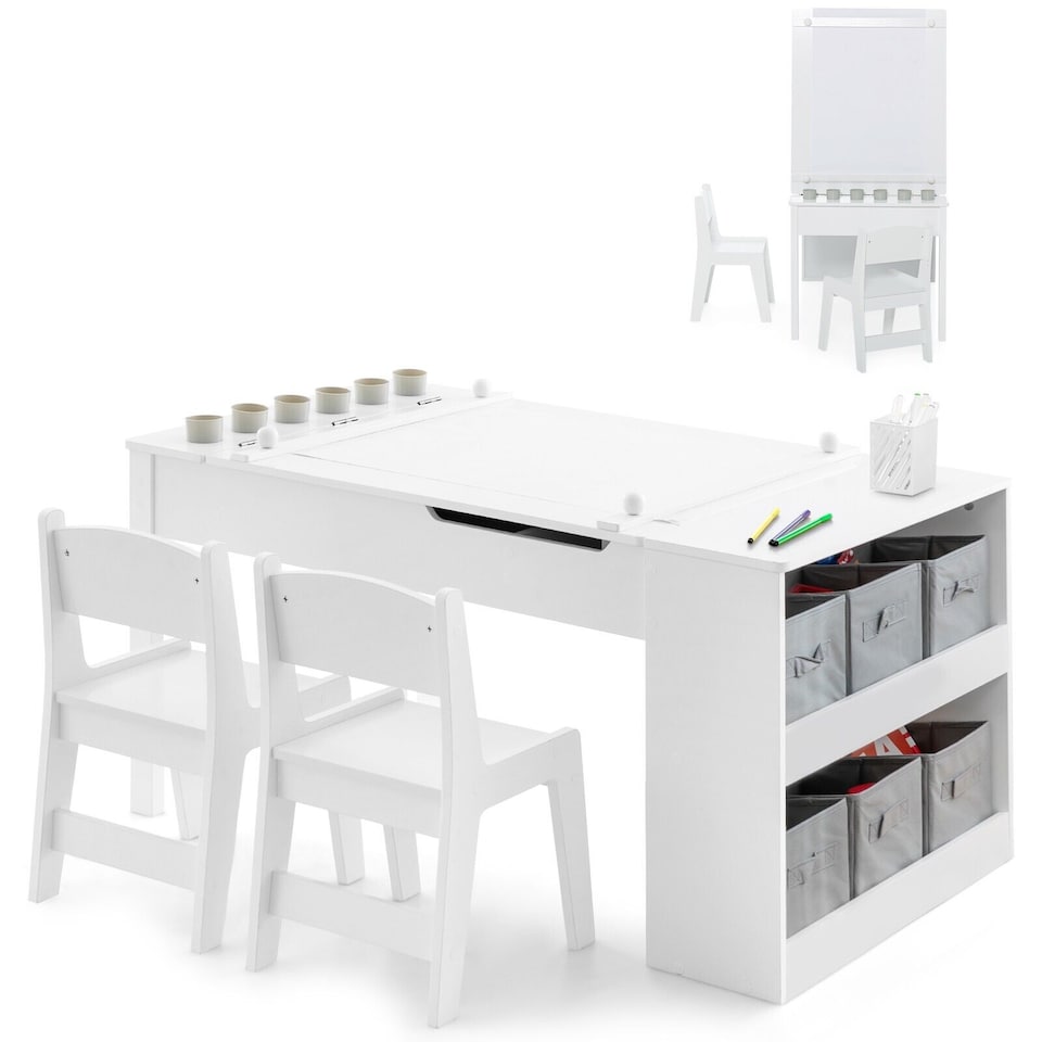 image 1 of COSTWAY 2-in-1 Kids Art Table Set with Chairs White