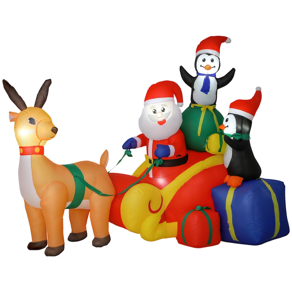 image 1 of Outsunny 6ft Christmas Inflatable Santa on Sleigh with Reindeer and Penguin, Outdoor Christmas Blow Up Decoration with Built-in LED Lights for Garden, Indoor Outdoor Home Decor